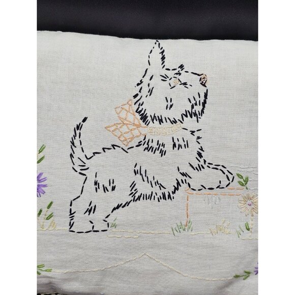 Vintage Hand Embroidered Scottish Terrier Scottie Dog Toss Pillow 12x8" Lace - Picture 9 of 11